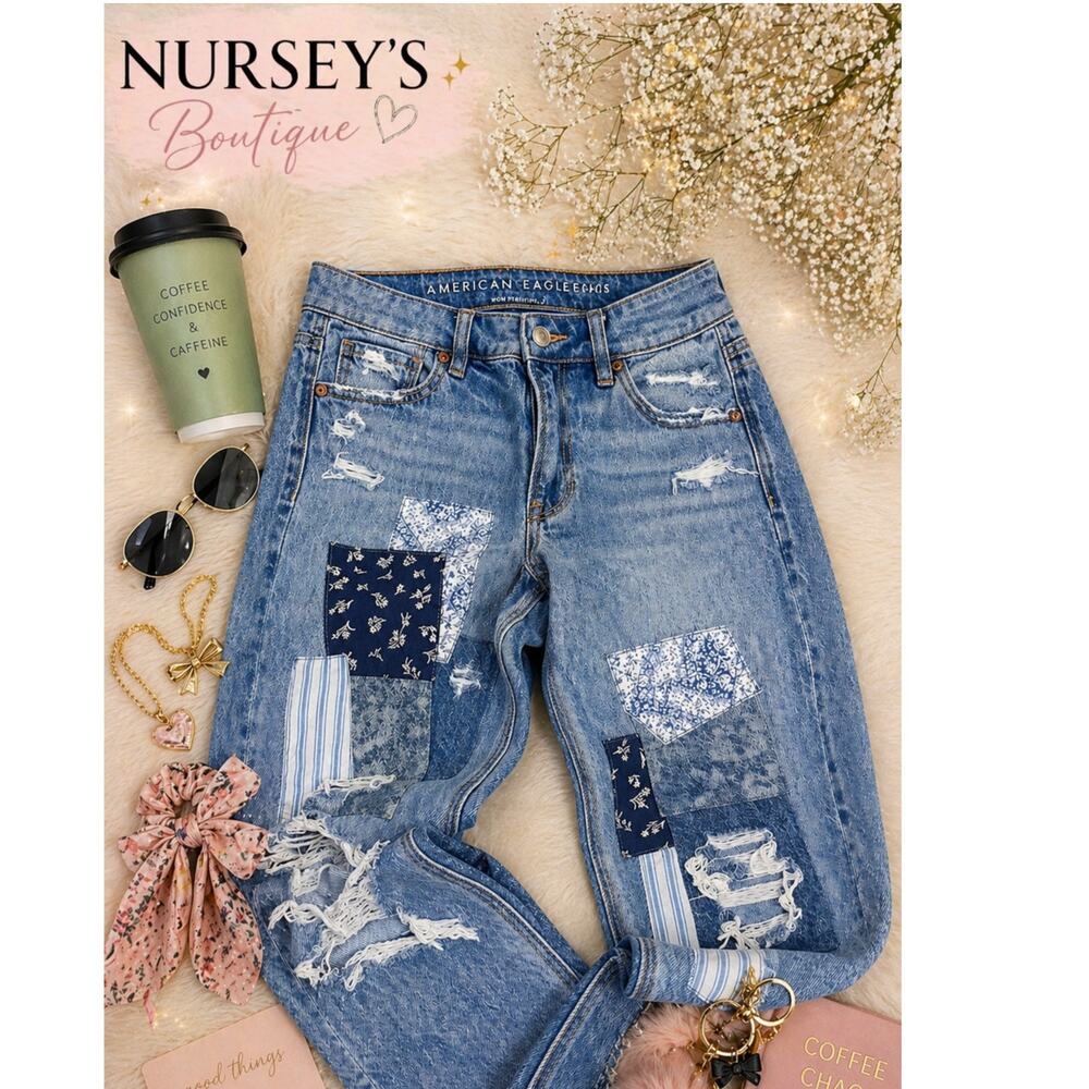 American Eagle Mom Straight Jeans Patchwork Distressed Raw Hem Trendy